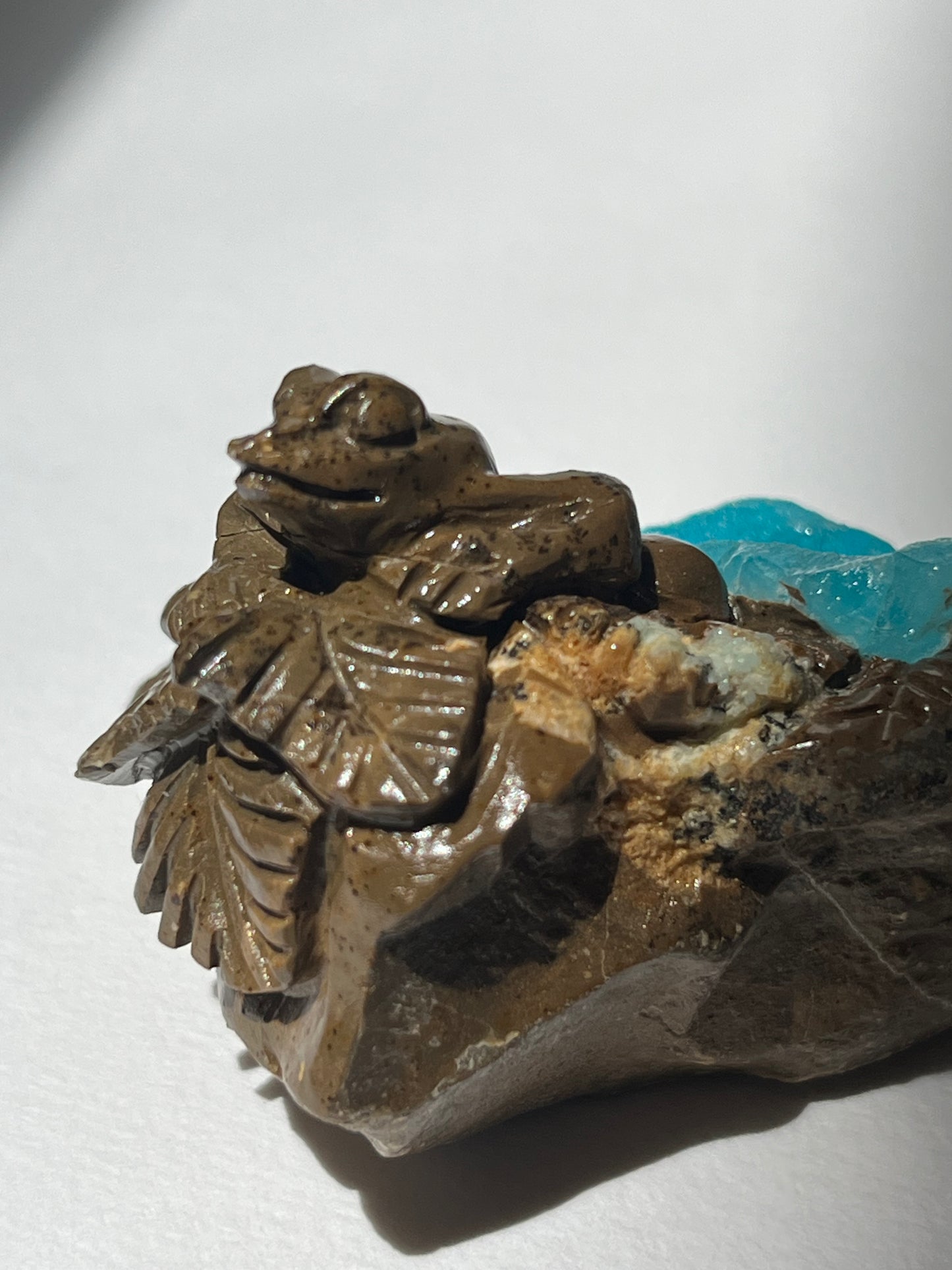 Blue Hemimorphite Frog Carving on Matrix with Dendritic Inclusions