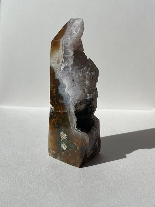 Botryoidal Nebula Agate Tower with Amethyst and Dendritic Inclusions A