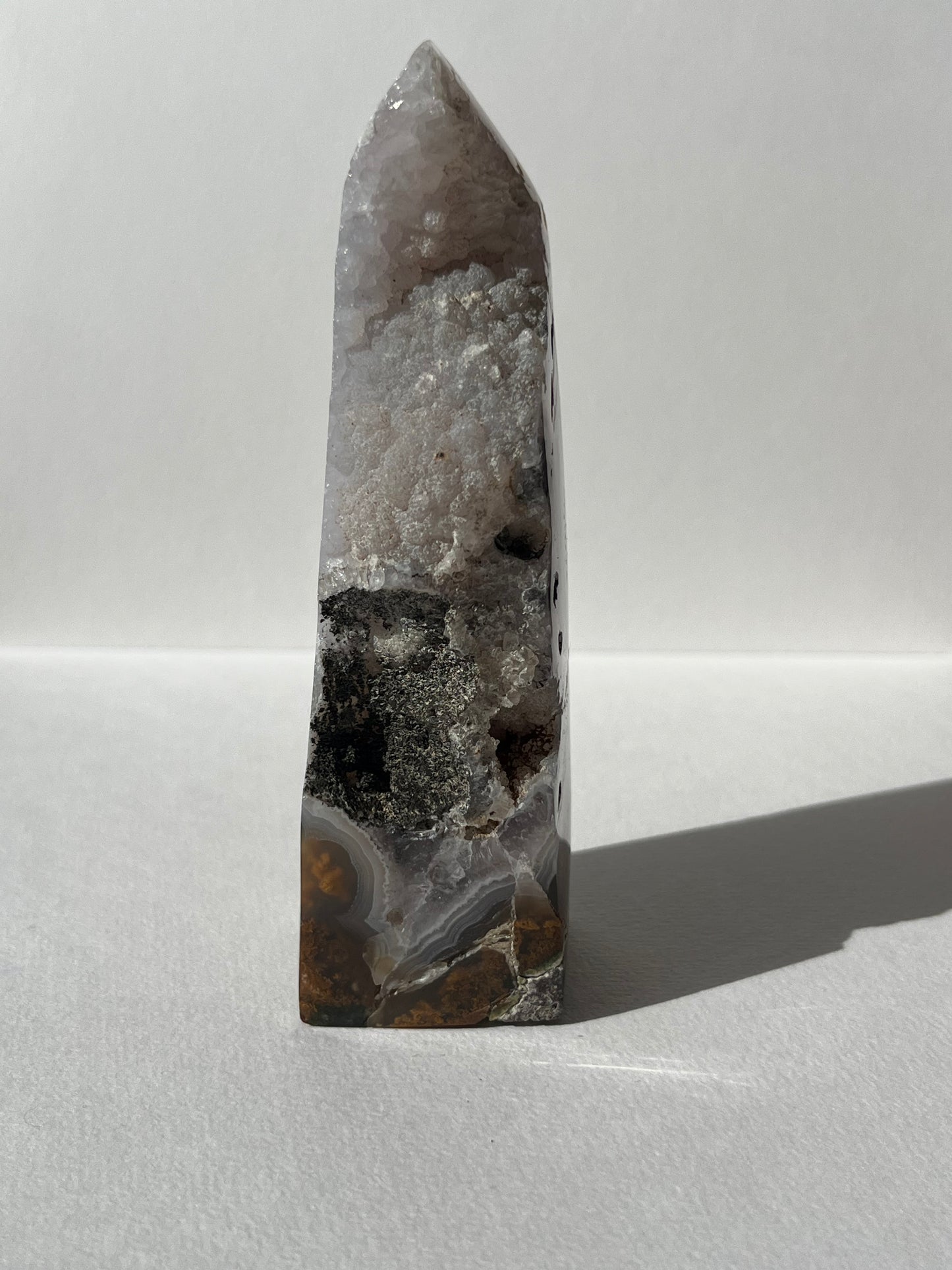 Botryoidal Nebula Agate Tower with Amethyst and Dendritic Inclusions A