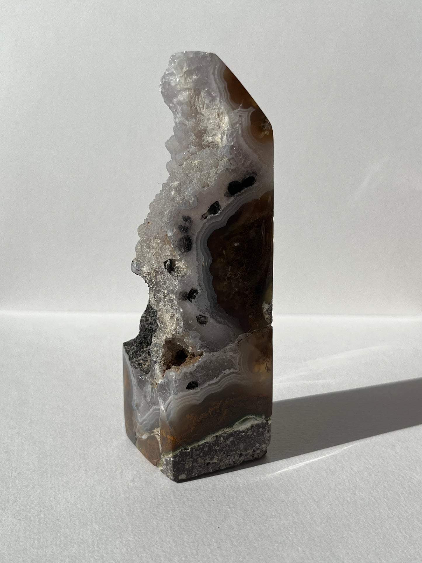 Botryoidal Nebula Agate Tower with Amethyst and Dendritic Inclusions A