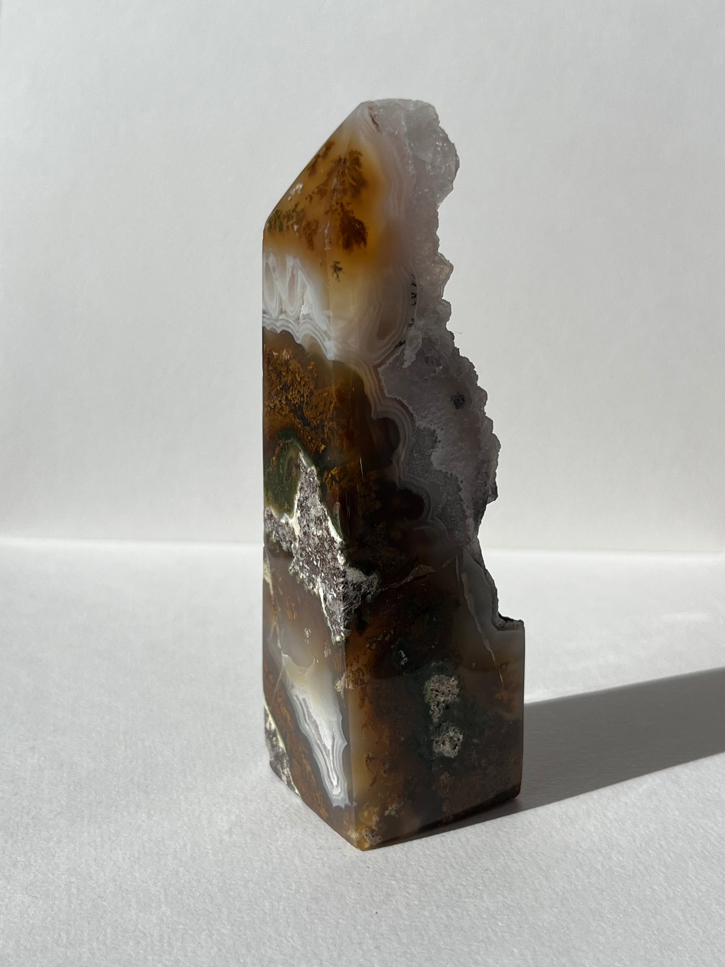 Botryoidal Nebula Agate Tower with Amethyst and Dendritic Inclusions A