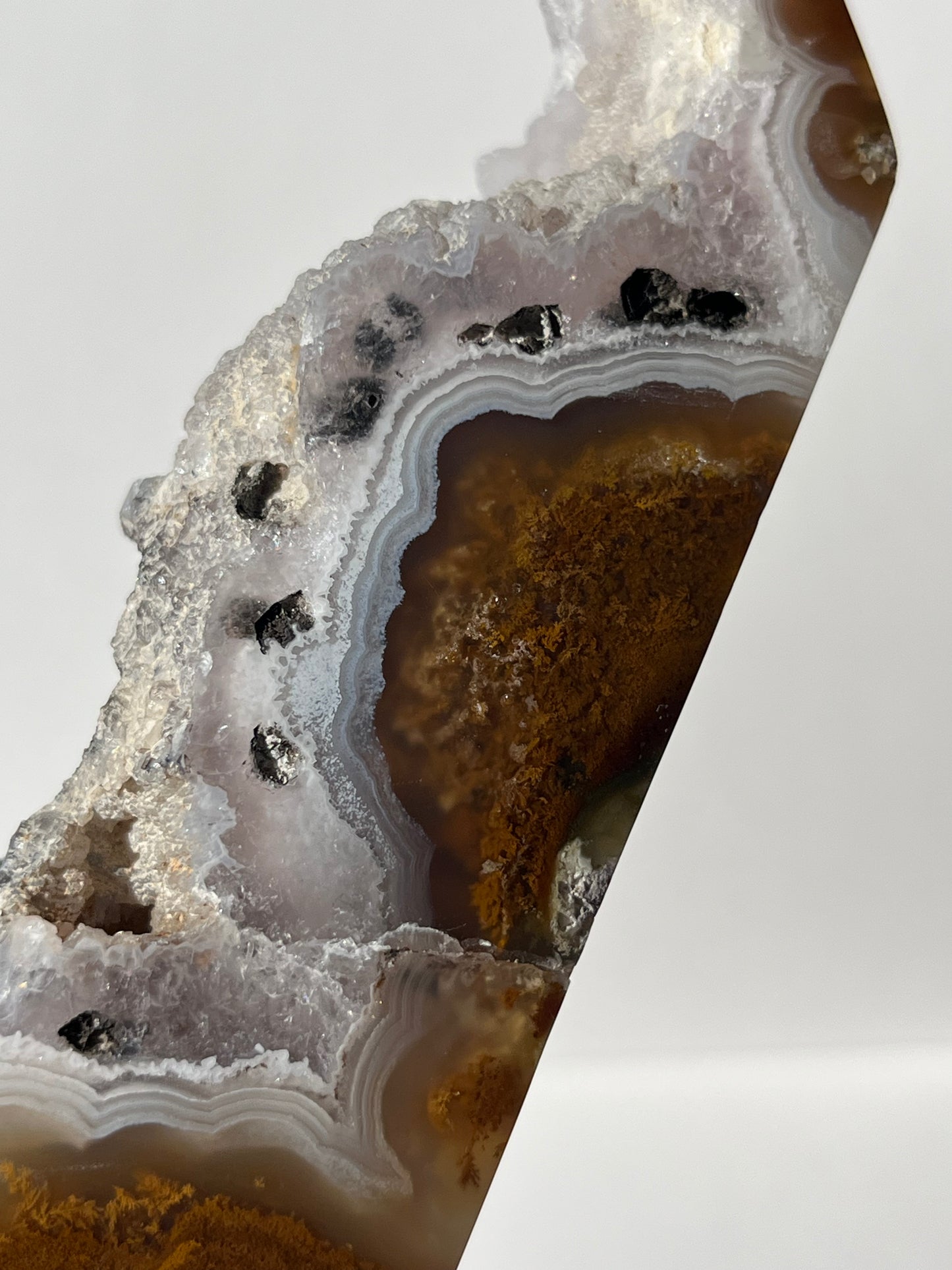 Botryoidal Nebula Agate Tower with Amethyst and Dendritic Inclusions A