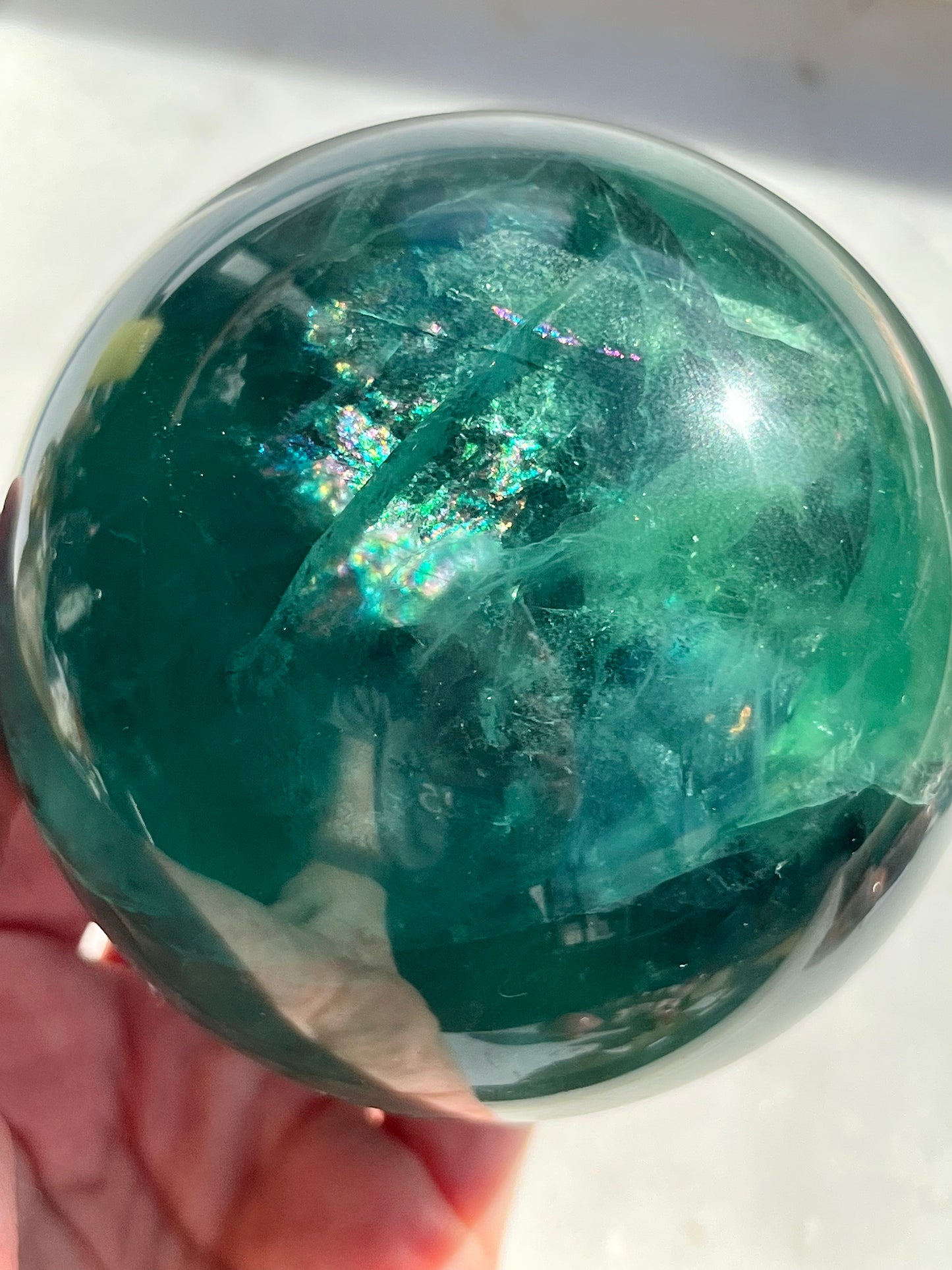 900g Green Fluorite Sphere w/Rainbow Inclusions