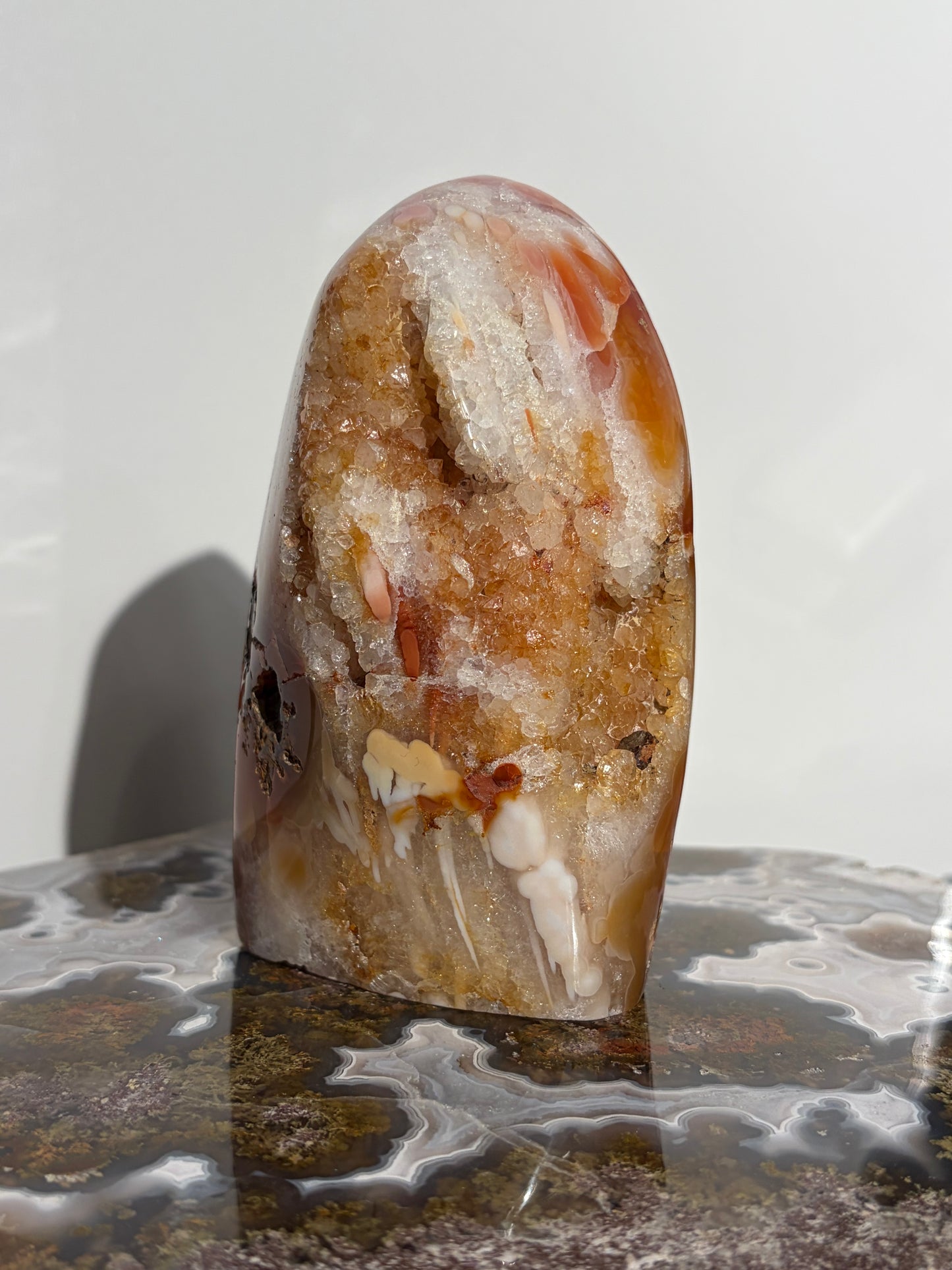 “Rosewater Blooms” Pink Orbicular Nebula Agate Statement Freeform with Golden Healer Quartz, Carnelian and Green Moss