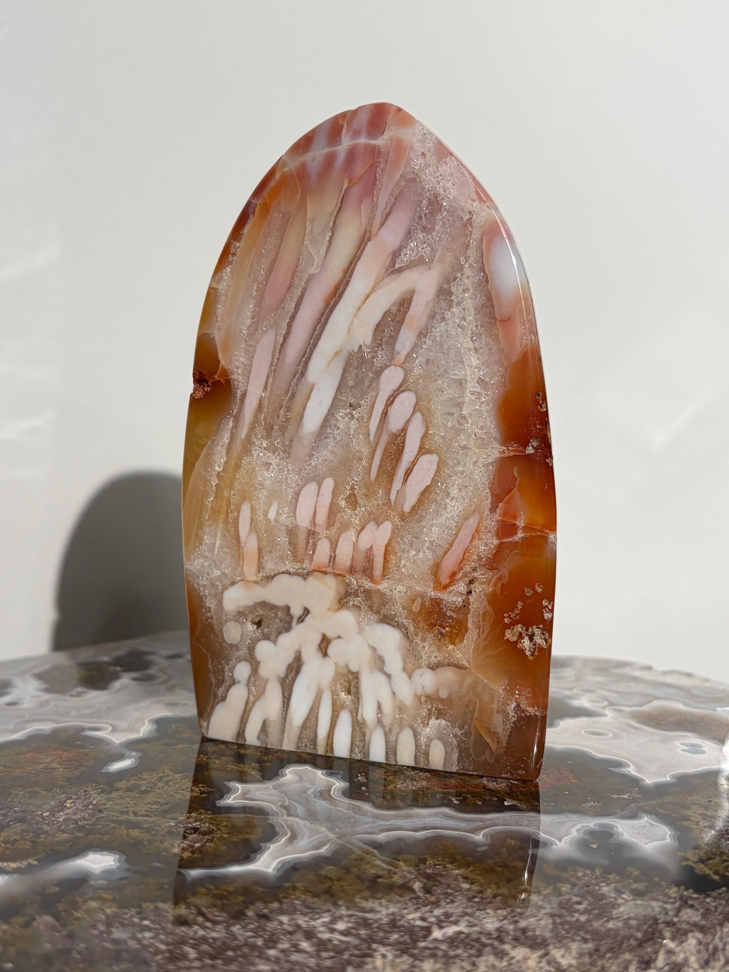 “Rosewater Blooms” Pink Orbicular Nebula Agate Statement Freeform with Golden Healer Quartz, Carnelian and Green Moss