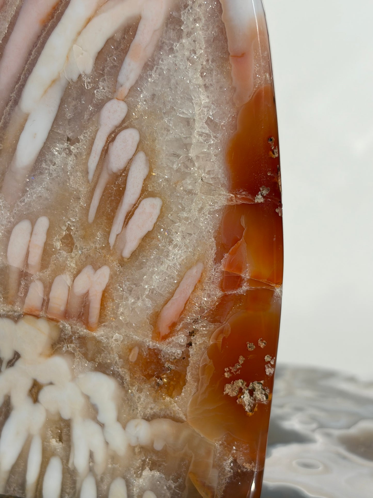 “Rosewater Blooms” Pink Orbicular Nebula Agate Statement Freeform with Golden Healer Quartz, Carnelian and Green Moss