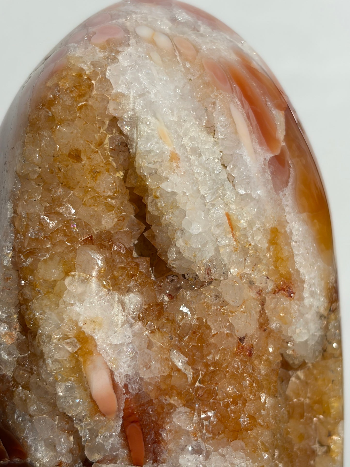 “Rosewater Blooms” Pink Orbicular Nebula Agate Statement Freeform with Golden Healer Quartz, Carnelian and Green Moss