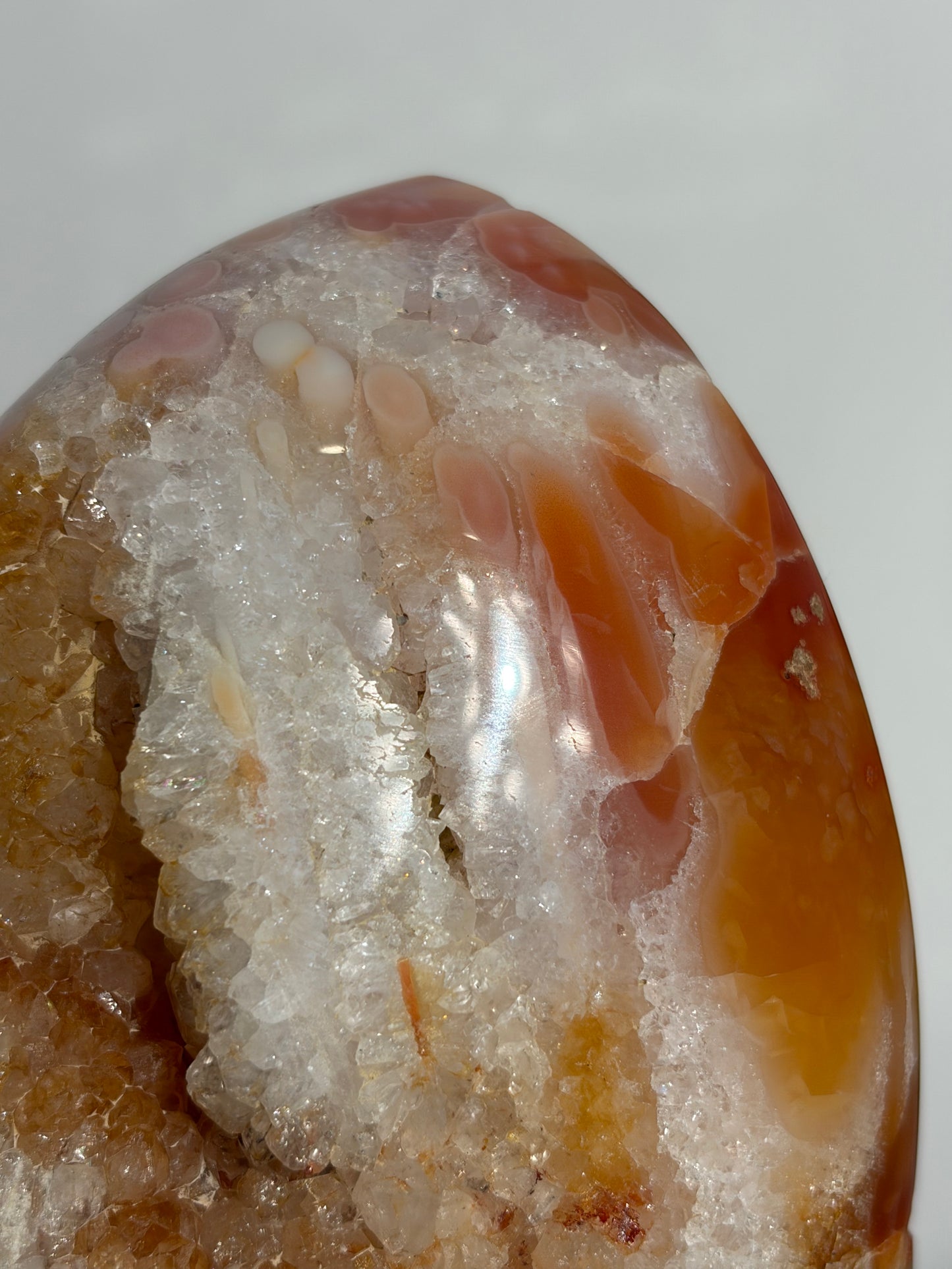 “Rosewater Blooms” Pink Orbicular Nebula Agate Statement Freeform with Golden Healer Quartz, Carnelian and Green Moss