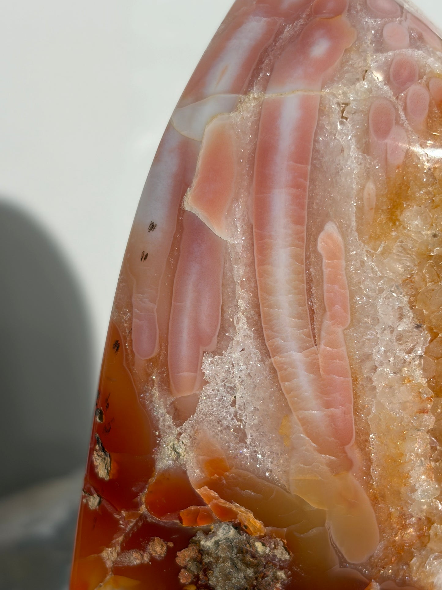 “Rosewater Blooms” Pink Orbicular Nebula Agate Statement Freeform with Golden Healer Quartz, Carnelian and Green Moss