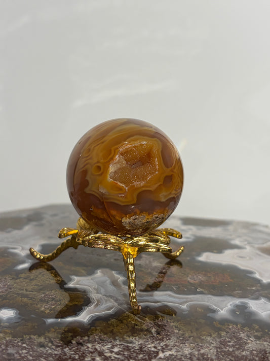“Solaris” Druzy Honey World Nebula Agate Sphere with Golden Healer Quartz & Carnelian