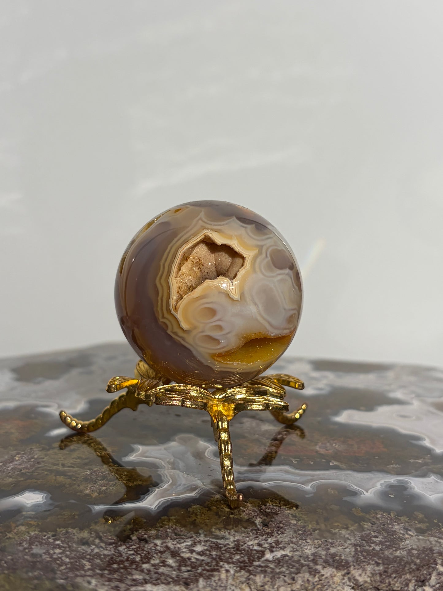 “Solaris” Druzy Honey World Nebula Agate Sphere with Golden Healer Quartz & Carnelian
