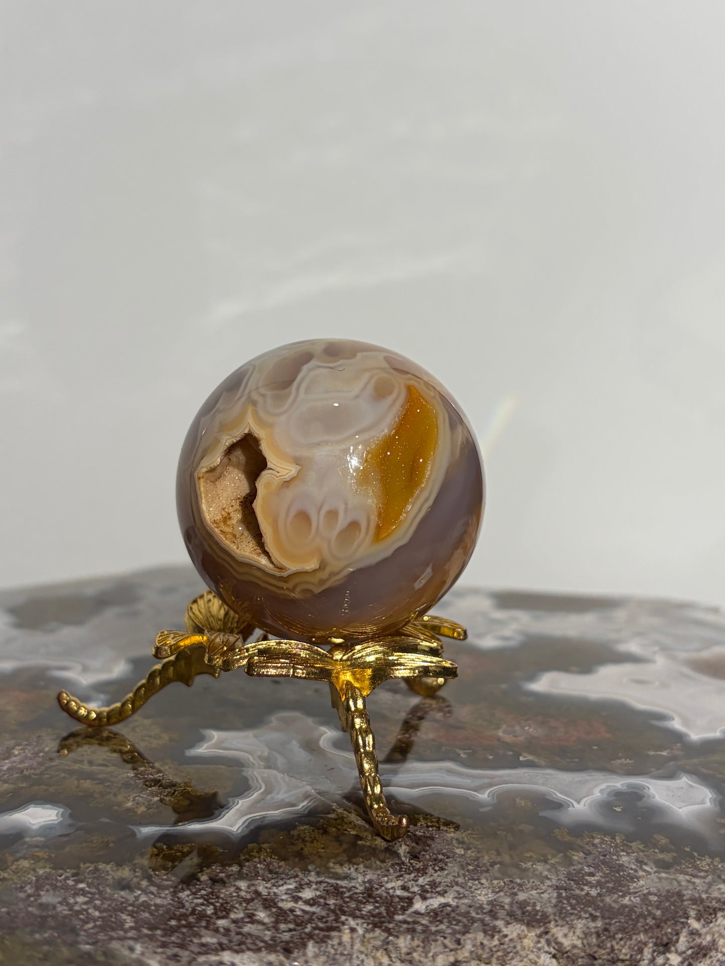 “Solaris” Druzy Honey World Nebula Agate Sphere with Golden Healer Quartz & Carnelian