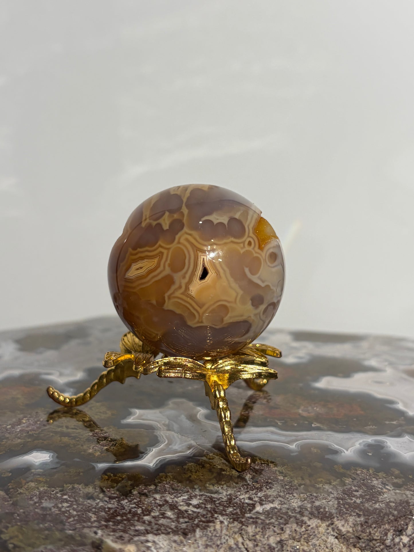 “Solaris” Druzy Honey World Nebula Agate Sphere with Golden Healer Quartz & Carnelian