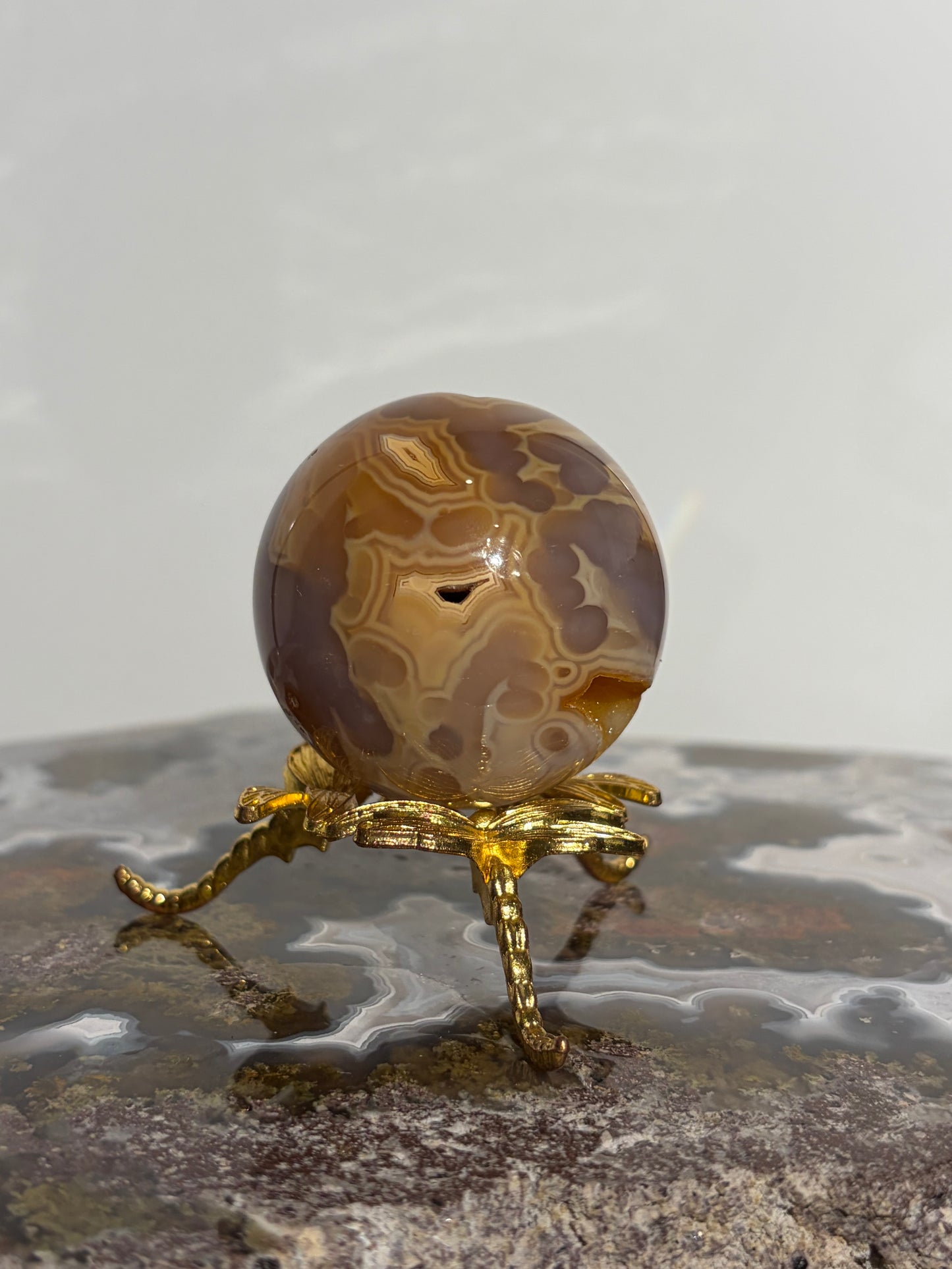 “Solaris” Druzy Honey World Nebula Agate Sphere with Golden Healer Quartz & Carnelian
