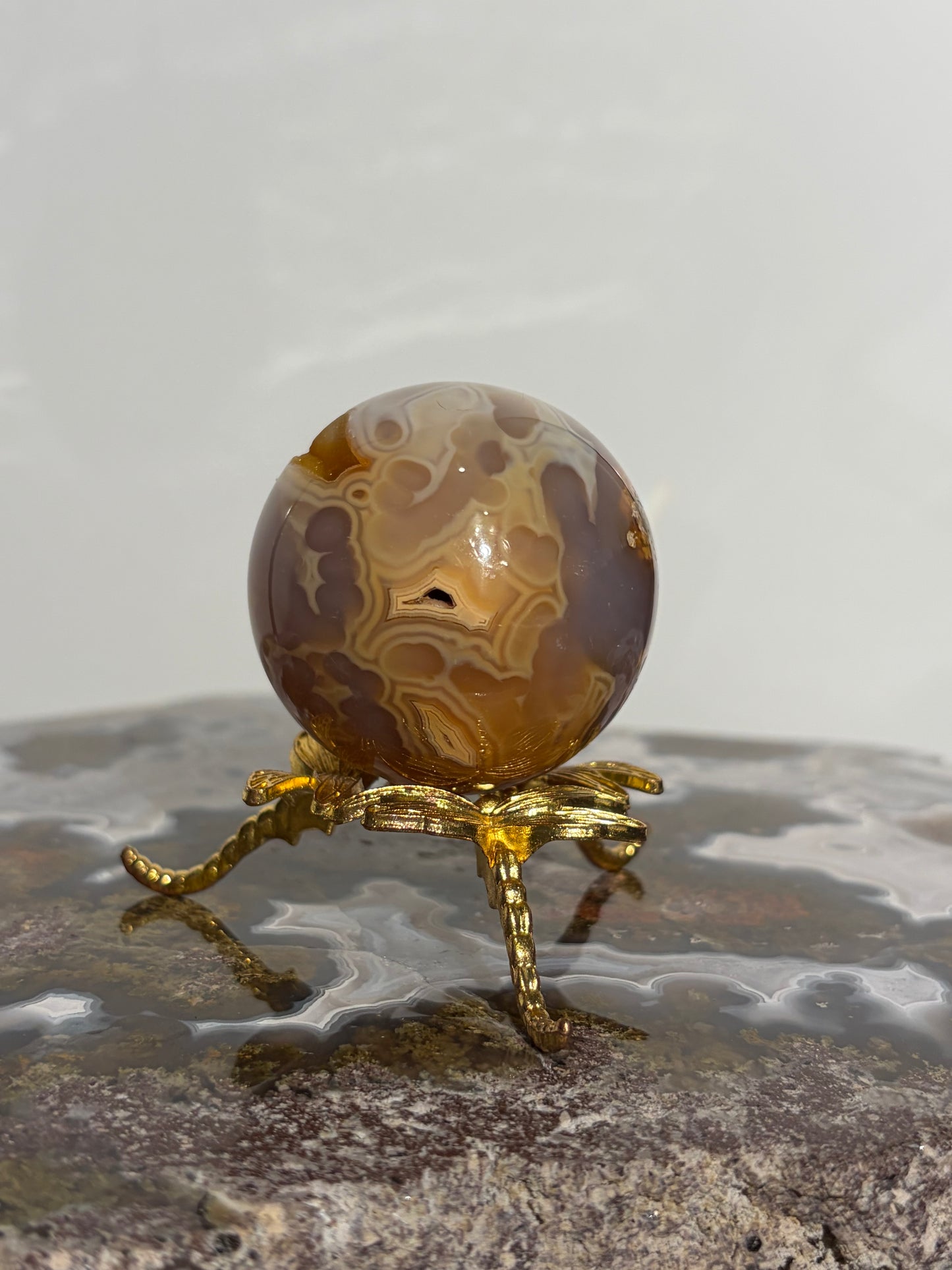 “Solaris” Druzy Honey World Nebula Agate Sphere with Golden Healer Quartz & Carnelian