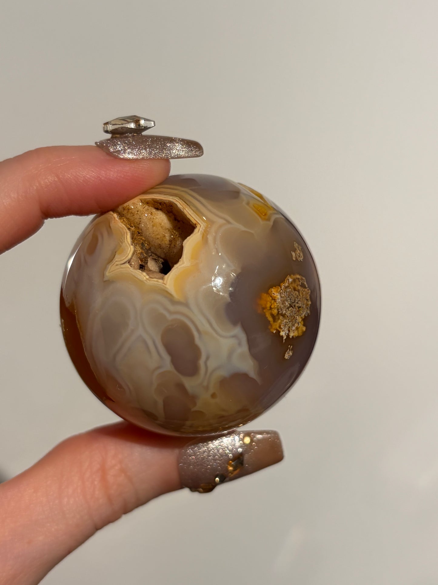 “Solaris” Druzy Honey World Nebula Agate Sphere with Golden Healer Quartz & Carnelian