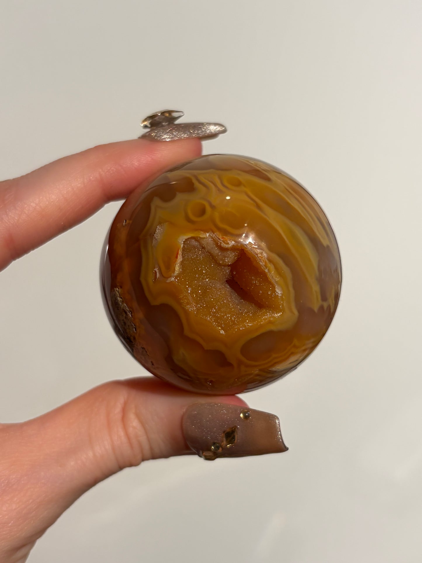 “Solaris” Druzy Honey World Nebula Agate Sphere with Golden Healer Quartz & Carnelian