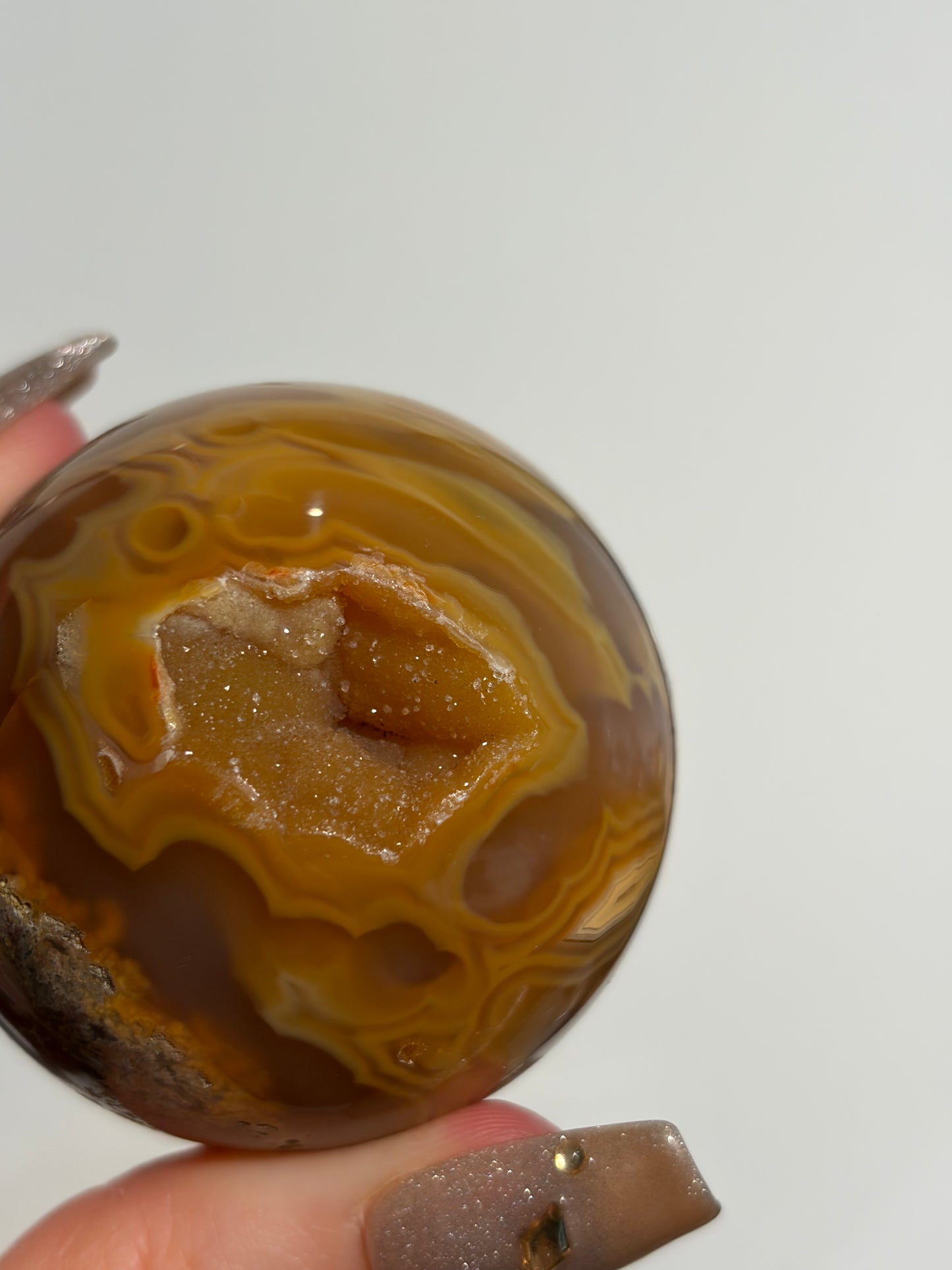 “Solaris” Druzy Honey World Nebula Agate Sphere with Golden Healer Quartz & Carnelian