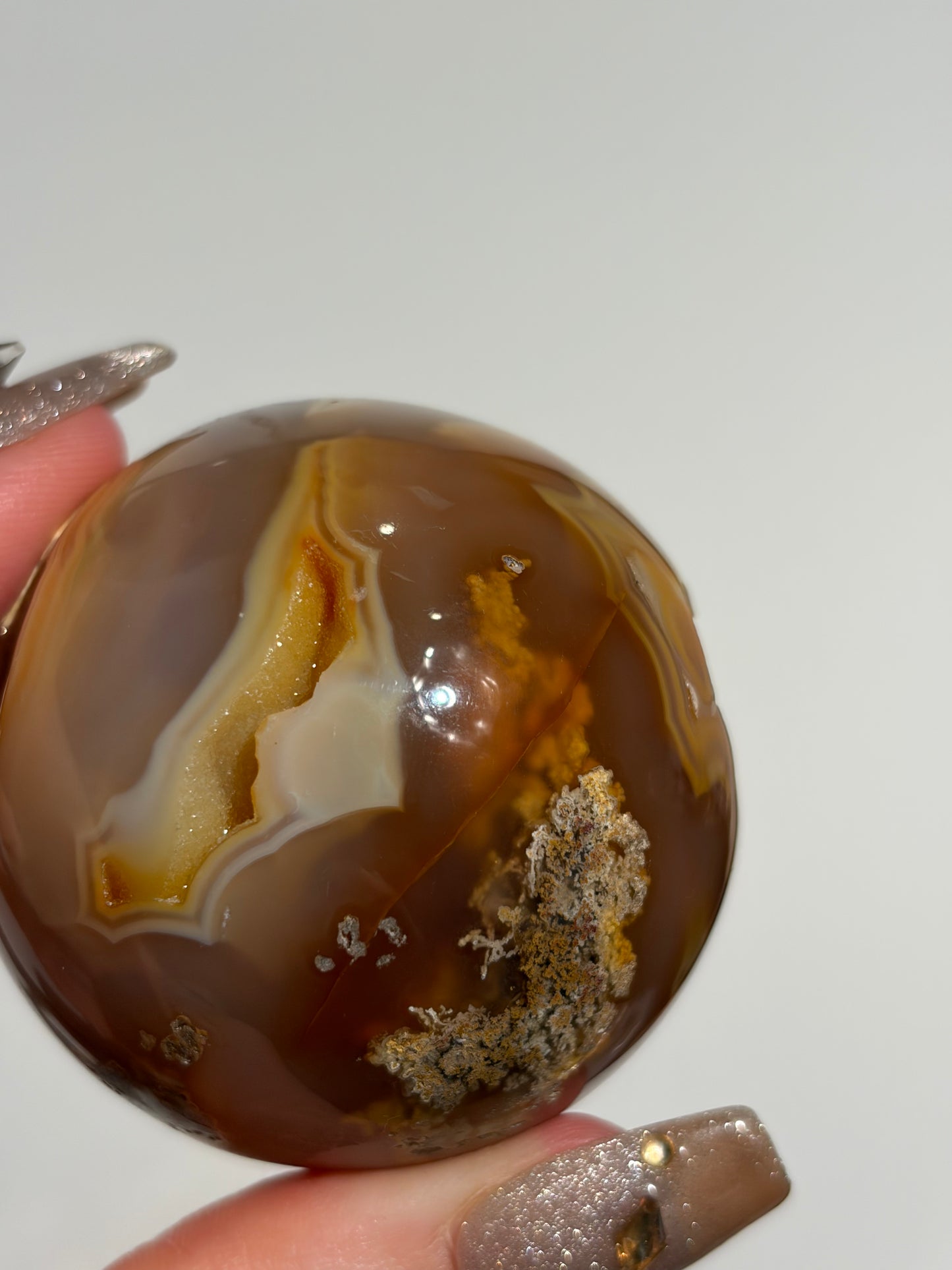 “Solaris” Druzy Honey World Nebula Agate Sphere with Golden Healer Quartz & Carnelian