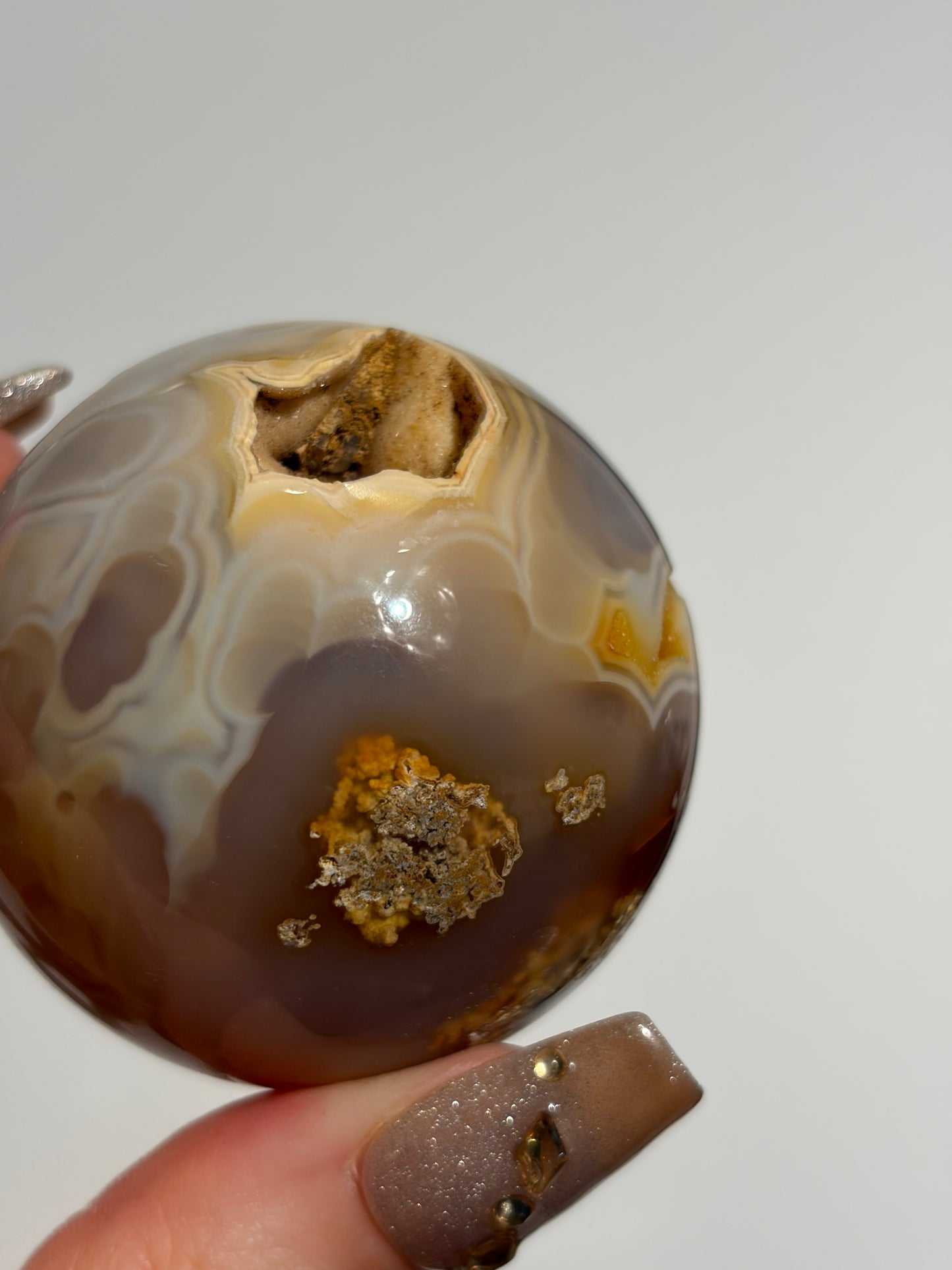 “Solaris” Druzy Honey World Nebula Agate Sphere with Golden Healer Quartz & Carnelian