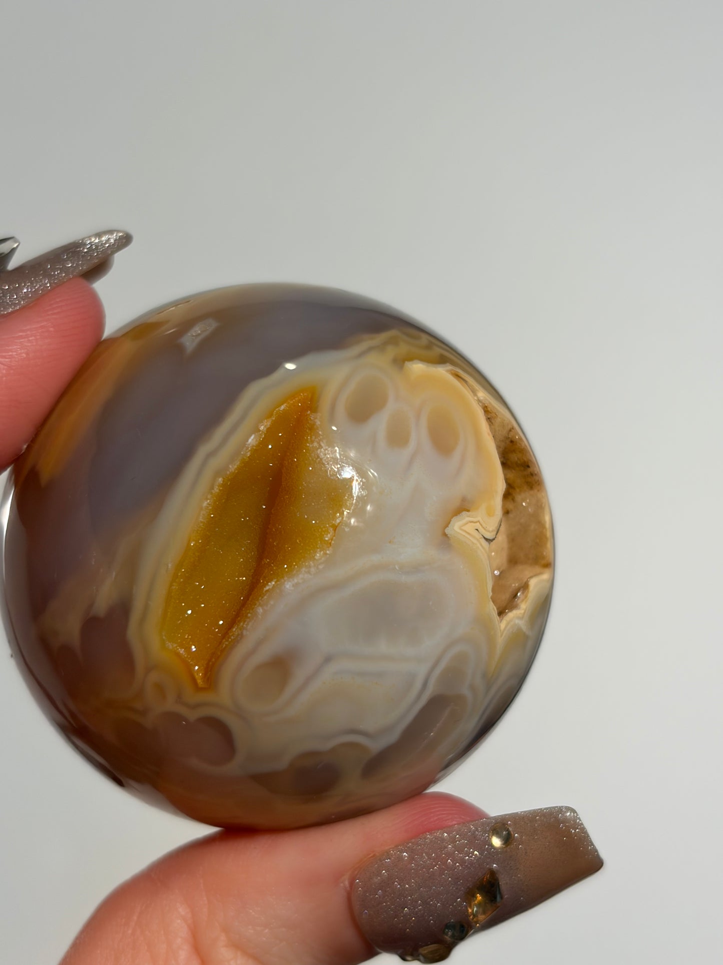 “Solaris” Druzy Honey World Nebula Agate Sphere with Golden Healer Quartz & Carnelian