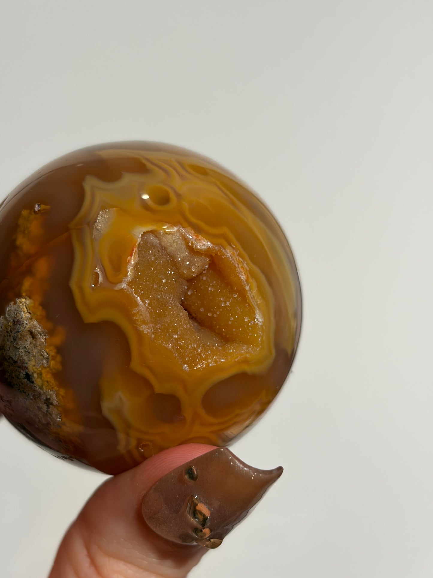 “Solaris” Druzy Honey World Nebula Agate Sphere with Golden Healer Quartz & Carnelian