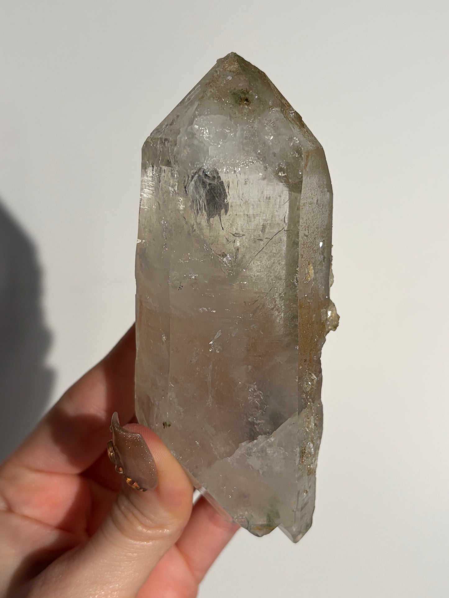 Doubly Terminated Chlorite Included Quartz Specimen with Druzy Quartz Coating C