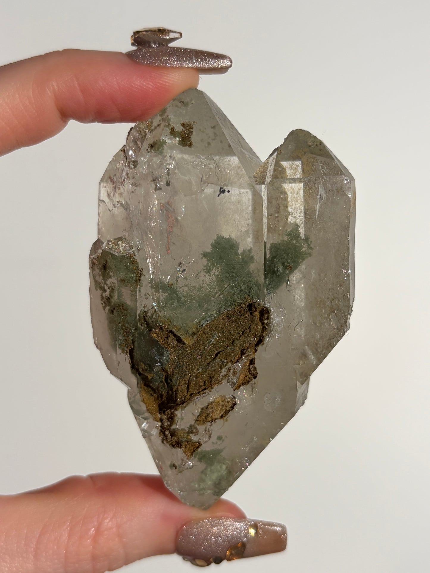Doubly Terminated Twin Chlorite Included Quartz Specimen with Druzy Quartz Coating F