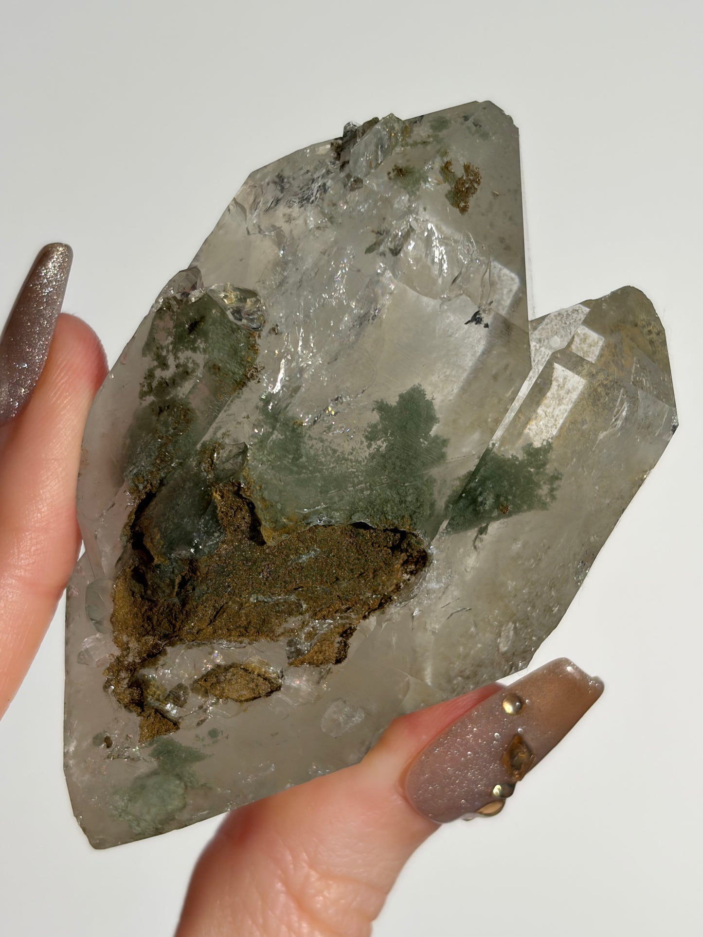 Doubly Terminated Twin Chlorite Included Quartz Specimen with Druzy Quartz Coating F
