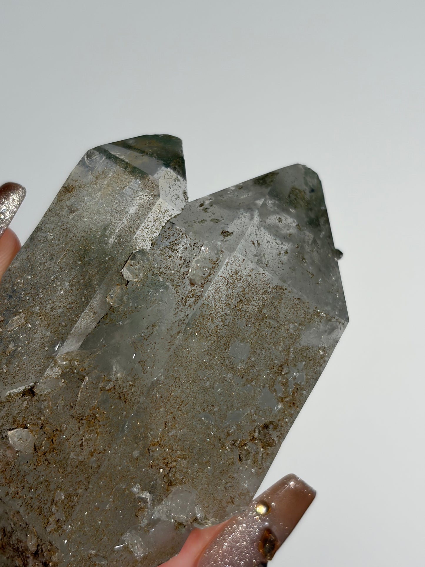 Doubly Terminated Twin Chlorite Included Quartz Specimen with Druzy Quartz Coating F