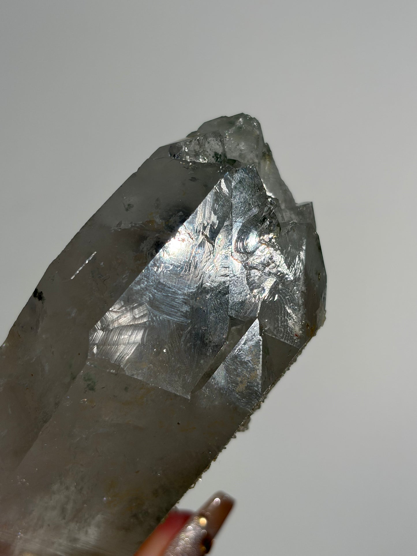 Doubly Terminated Chlorite Included Quartz Specimen with Druzy Quartz Coating C