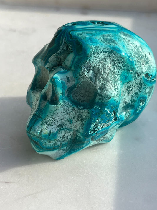 Orbicular Chrysocolla Skull Carving