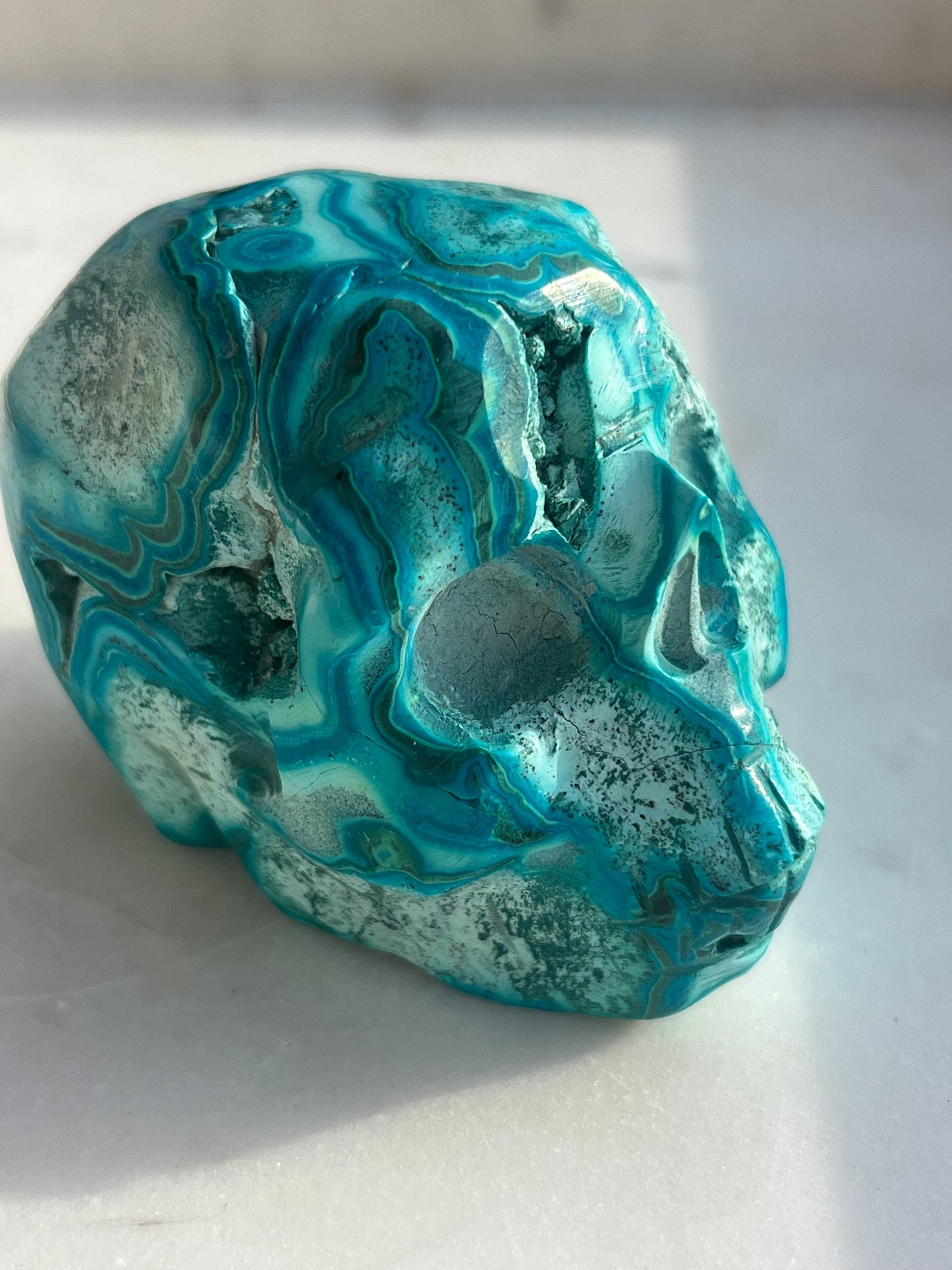 Orbicular Chrysocolla Skull Carving