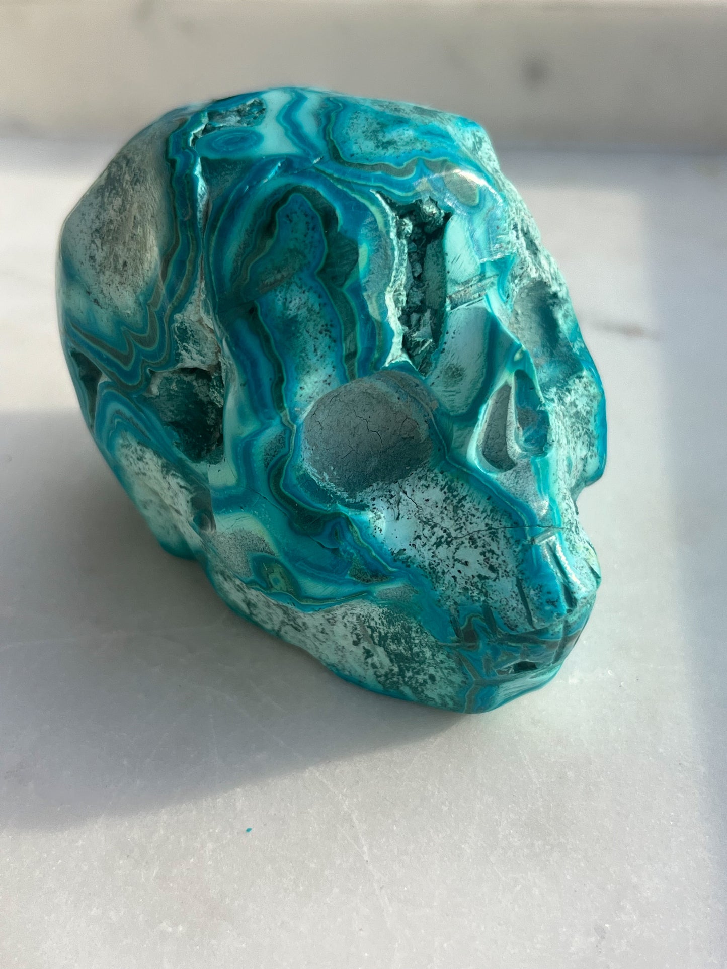 Orbicular Chrysocolla Skull Carving