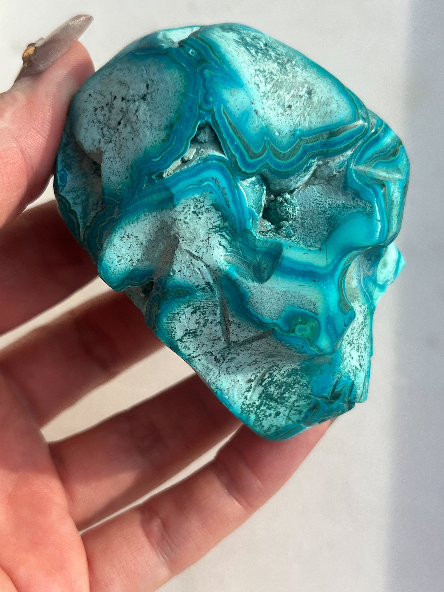 Orbicular Chrysocolla Skull Carving