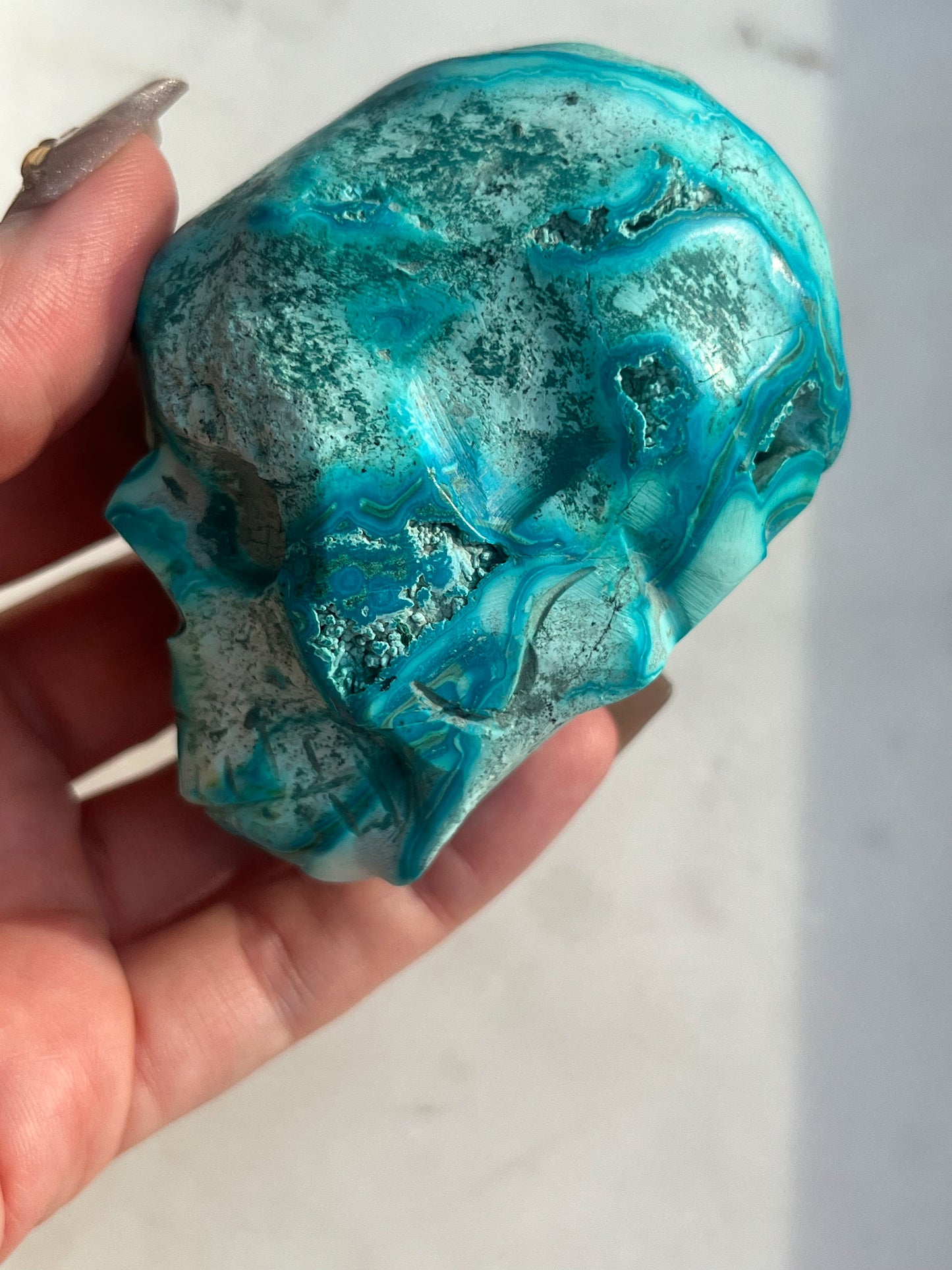 Orbicular Chrysocolla Skull Carving