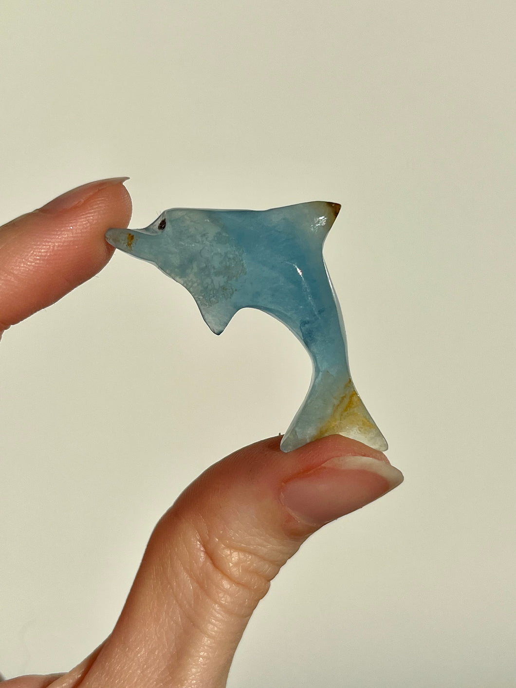 Lemurian Aquatine Blue Calcite Dolphin Carving