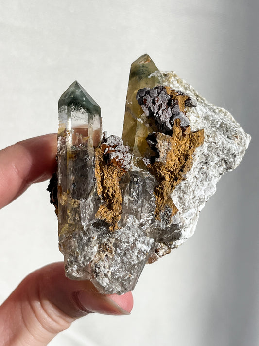 Chlorite Included Himalayan Quartz with Natural Aura Coating & Siderite on Muscovite Matrix #1