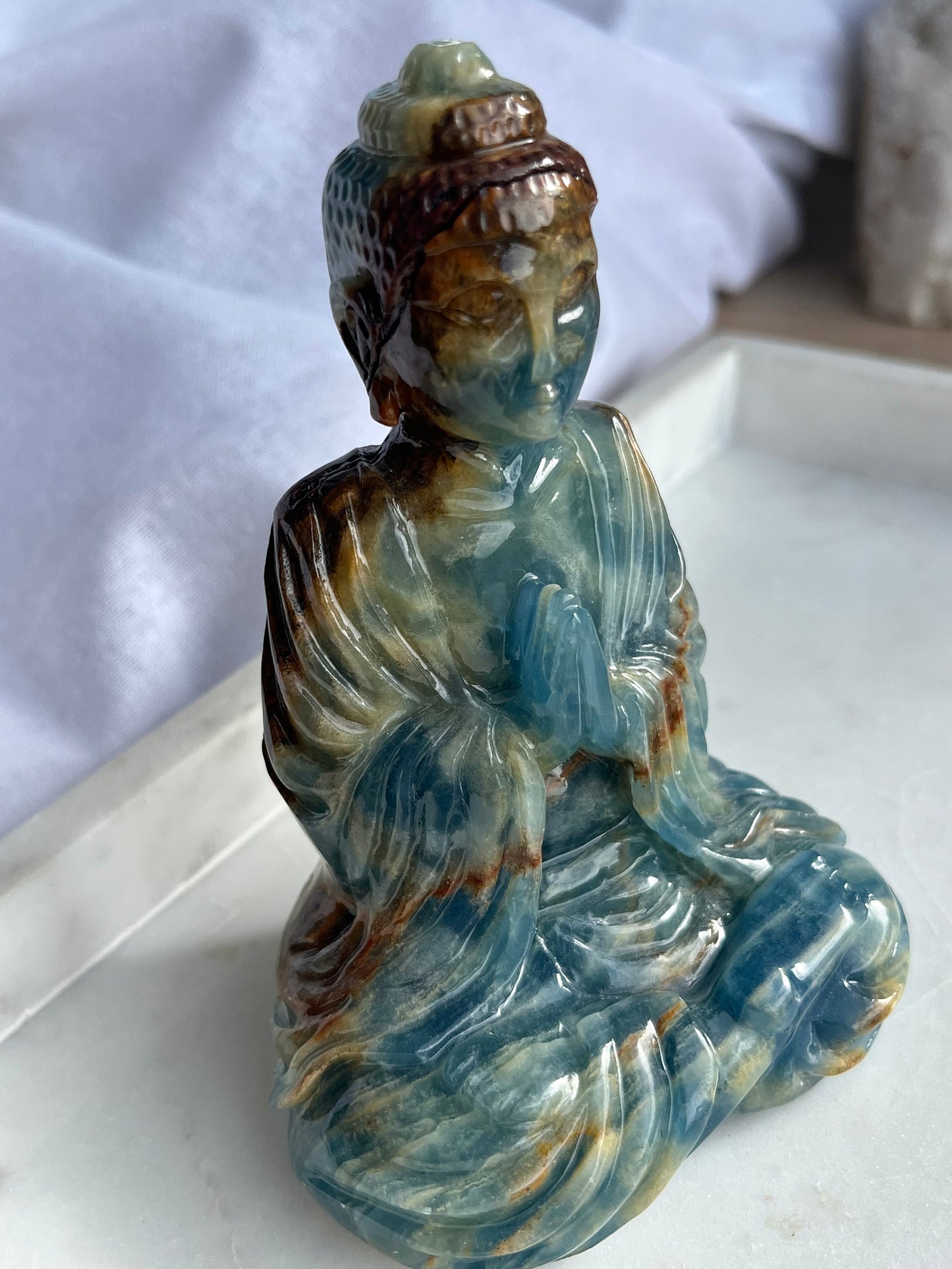 “Rest” Lemurian Aquatine Calcite Buddha Carving