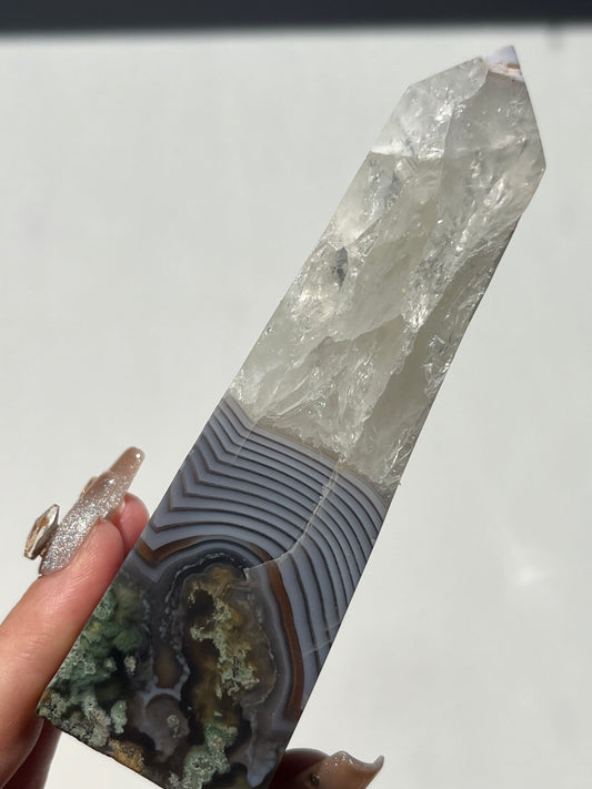 Danau Agate with Green Moss & Quartz Tower #G