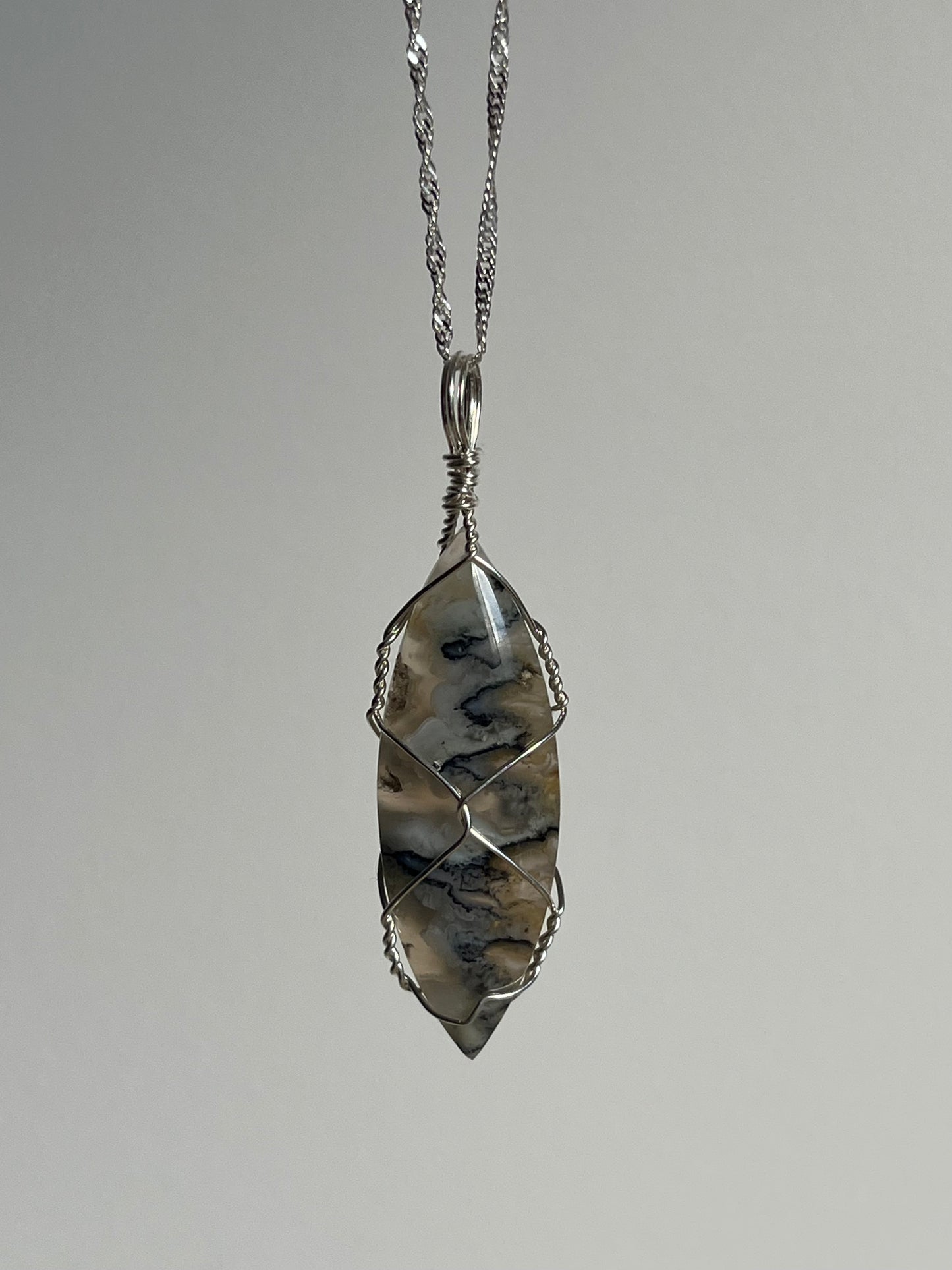 Flower Chalcedony with Dendritic Inclusions 925 Sterling Silver Wire Wrapped Pendant A