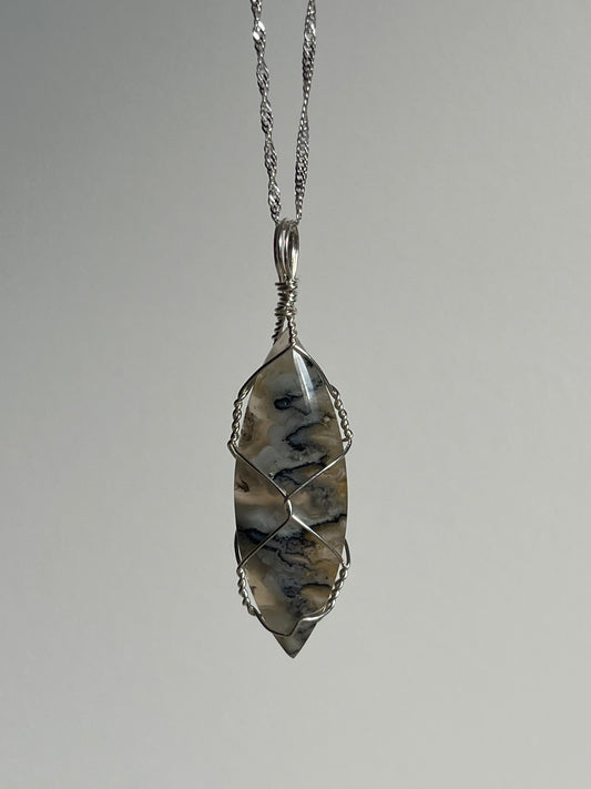 Flower Chalcedony with Dendritic Inclusions 925 Sterling Silver Wire Wrapped Pendant A