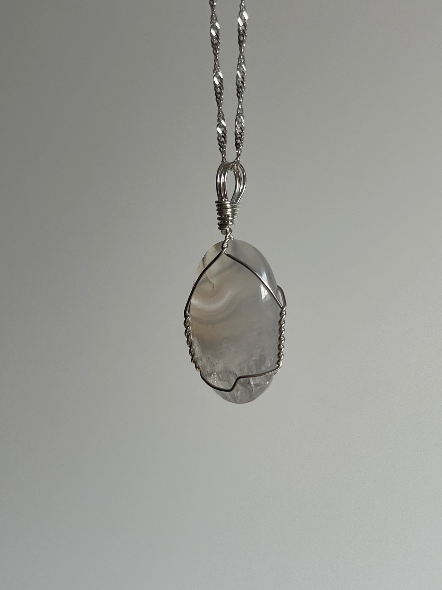 Flower Chalcedony and Quartz 925 Sterling Silver Wire Wrapped Pendant B