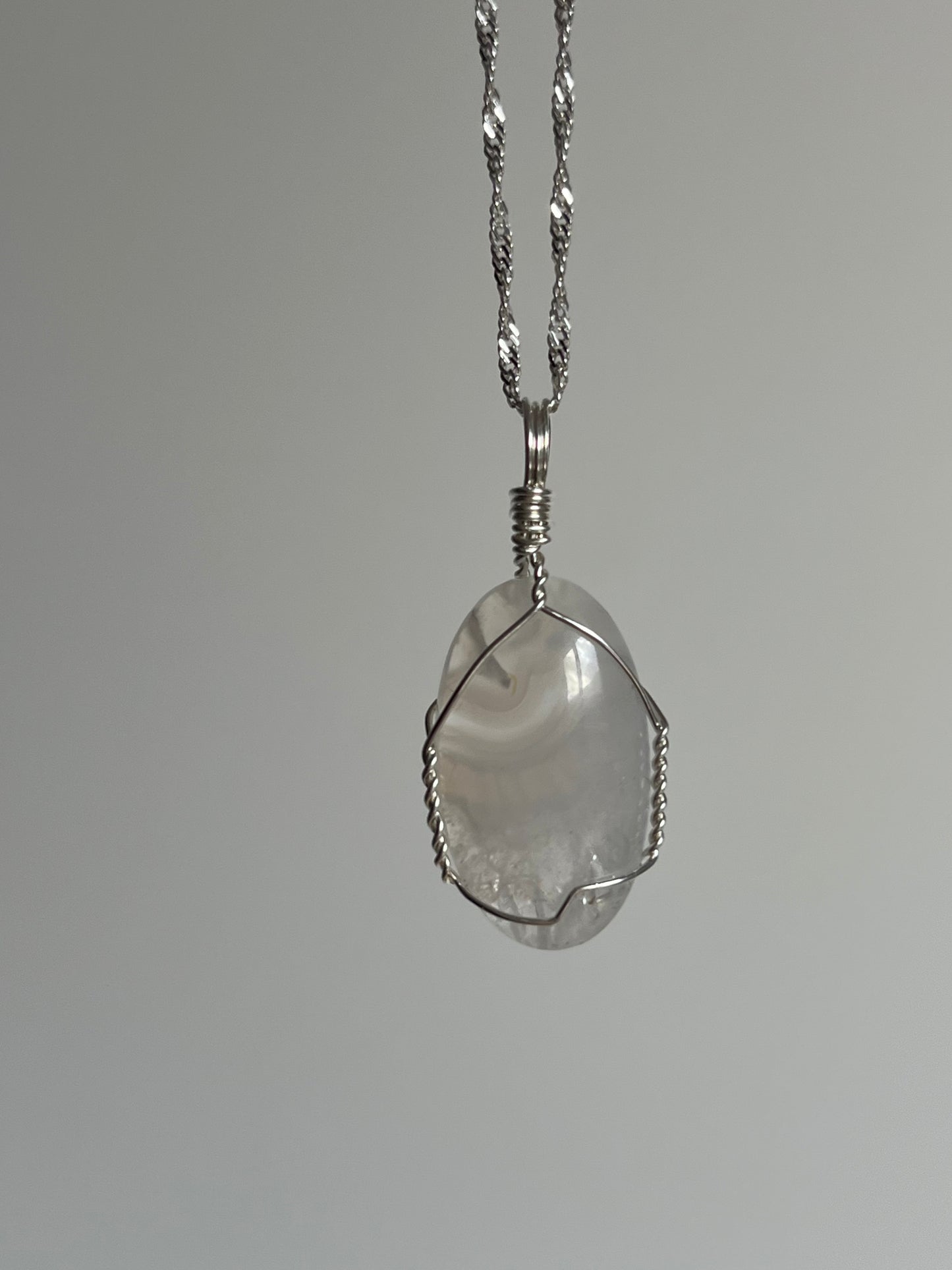Flower Chalcedony and Quartz 925 Sterling Silver Wire Wrapped Pendant B