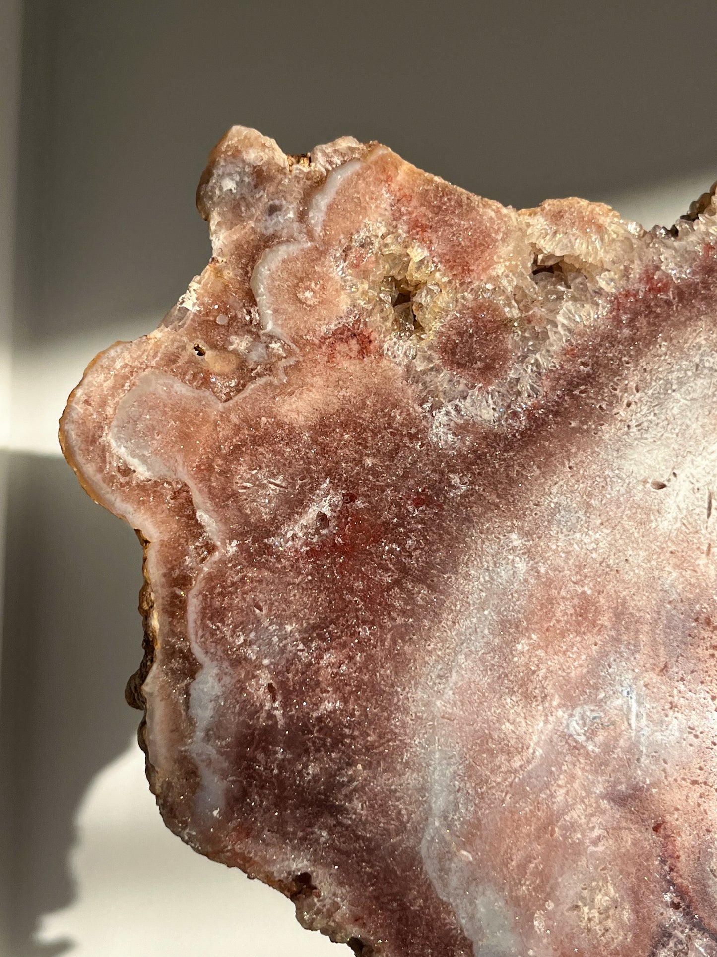 'Patagonia' Druzy Pink Amethyst & Quartz Slab on Custom Gold Stand