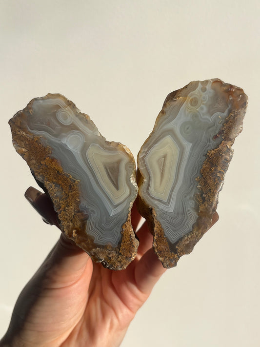 'Elysian Atlas' West Indonesian Grey Agate Pair with Moss Inclusions and Parallax Effect F