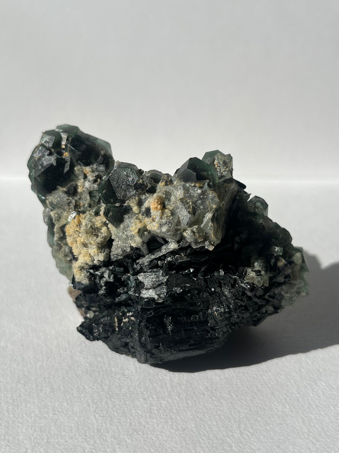 Green Erongo Fluorite with, Black Tourmaline & UV Reactive Hyalite Opal Specimen