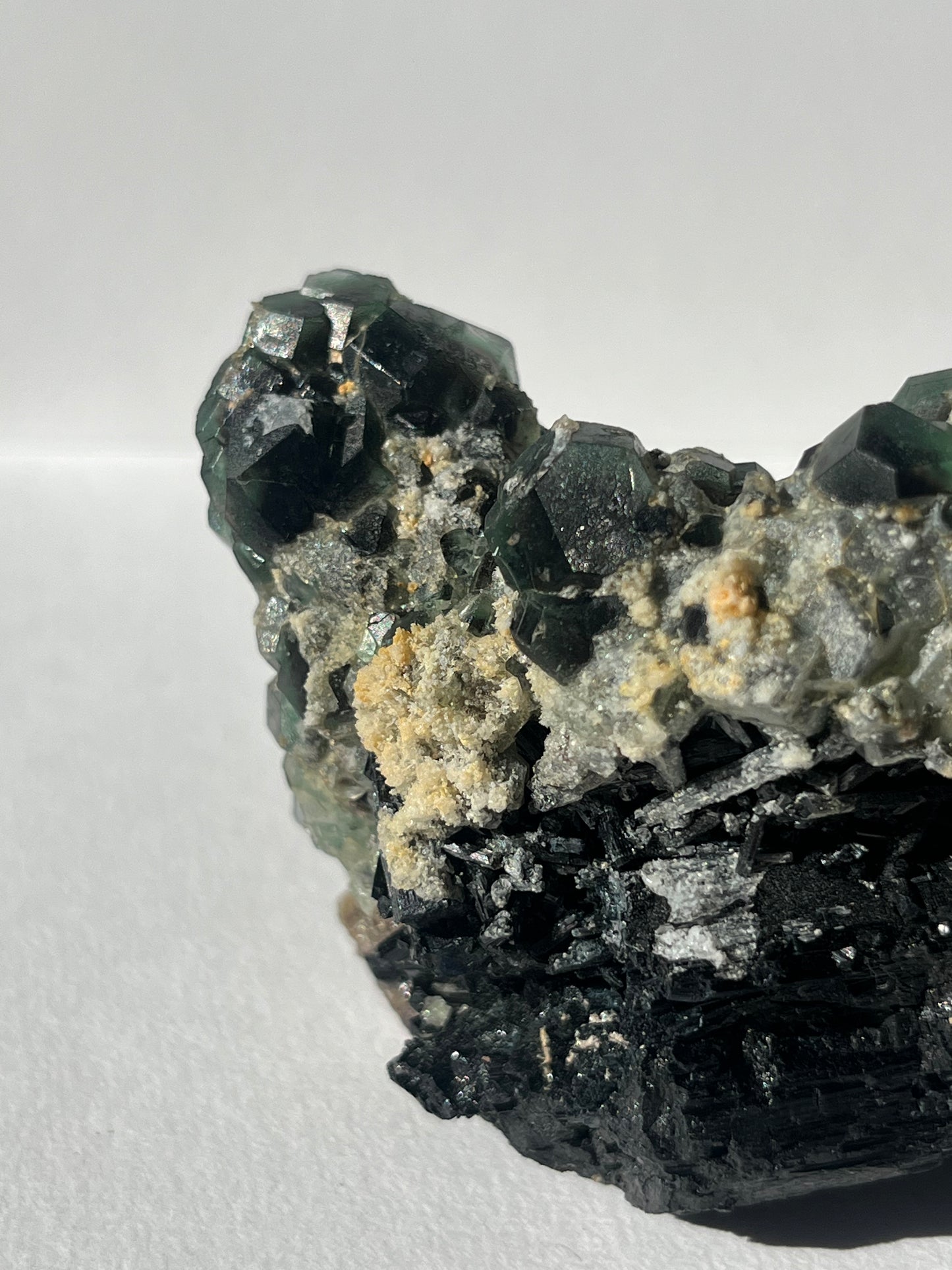 Green Erongo Fluorite with, Black Tourmaline & UV Reactive Hyalite Opal Specimen