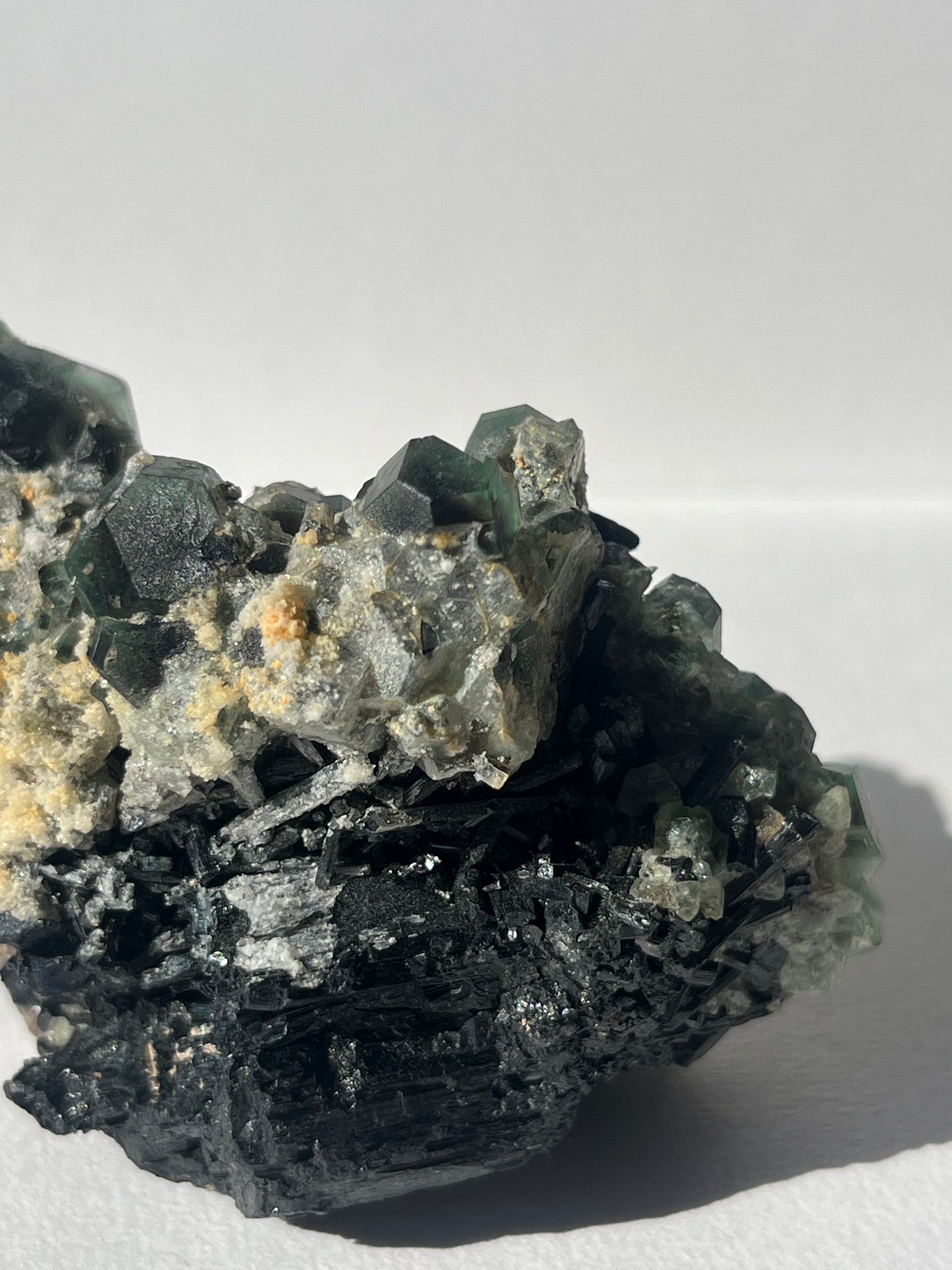 Green Erongo Fluorite with, Black Tourmaline & UV Reactive Hyalite Opal Specimen