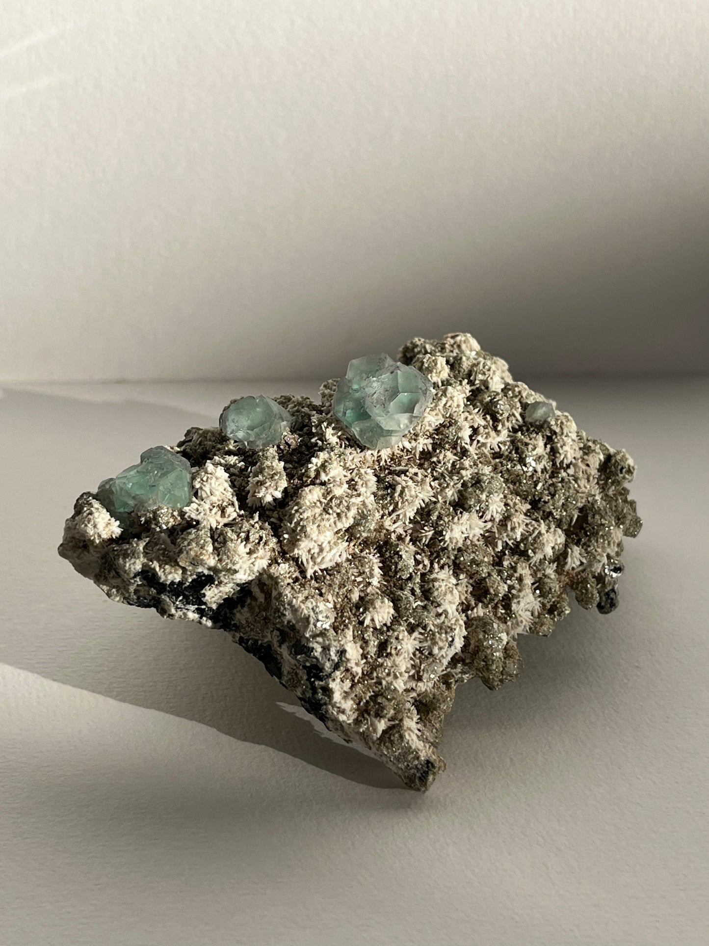 Green Fluorite on Acicular Aragonite Specimen with Muscovite, Tourmaline & Hyalite Opal